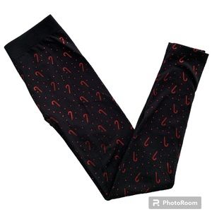 Candy Cane Fleece Lined Leggings Festive Holiday Black Red Women’s Size S/M